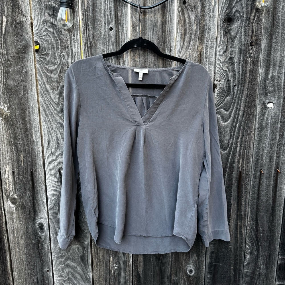 Joie Deon B Slate Blue Grey Notch V Neck Long Sleeve Silk Top Medium